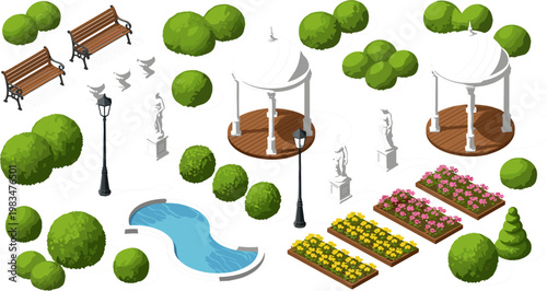 Isometric park elements set with benches trees fountain gazebo statues and flower beds outdoor landscape design collection