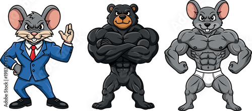 Strong animal characters vector set muscular bear and mouse mascots in suit and fitness poses cartoon illustration
