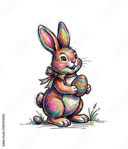 Easter bunny figurine with upright ears and rounded body forming playful holiday decorative object in expressive vibrant
