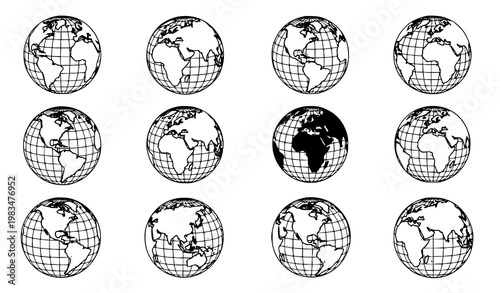Black and white globe set world map spheres hemisphere views grid lines vector illustration isolated on white