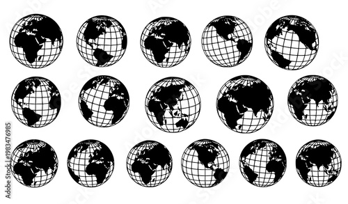 Dynamic globe collection world map spheres hemisphere views grid lines black and white vector illustration set isolated on white background