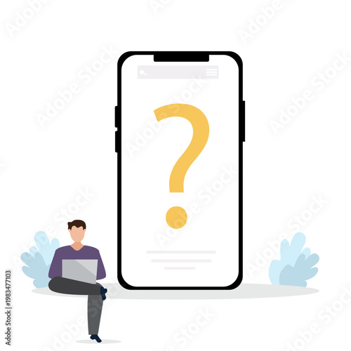FAQ concept. man with question mark on mobile phone screen. Customer support and online help service. Frequently asked questions. Vector illustration