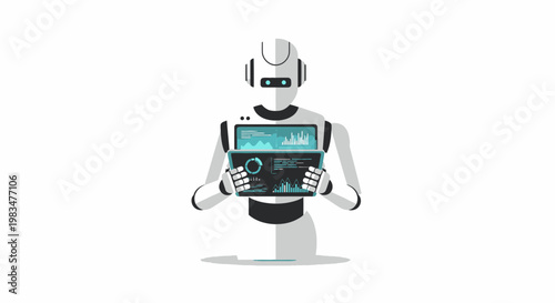 Robot Analyzing Data on Digital Tablet, Artificial Intelligence Concept