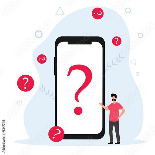 FAQ concept. man with question mark on mobile phone screen. Customer support and online help service. Frequently asked questions. Vector illustration