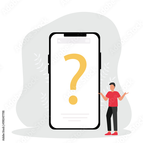 FAQ concept. man with question mark on mobile phone screen. Customer support and online help service. Frequently asked questions. Vector illustration
