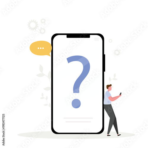 FAQ concept. man with question mark on mobile phone screen. Customer support and online help service. Frequently asked questions. Vector illustration