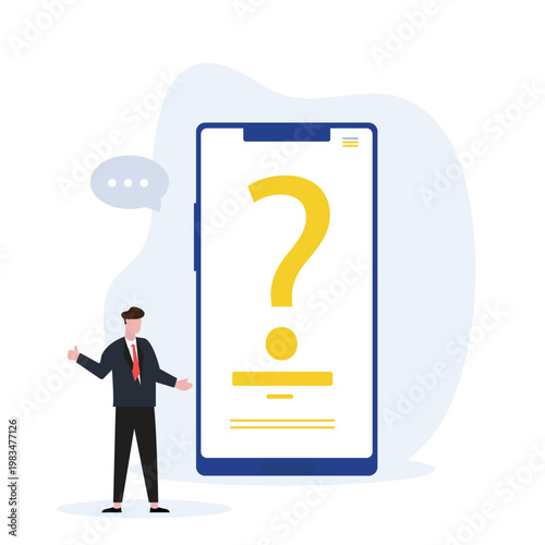 FAQ concept. man with question mark on mobile phone screen. Customer support and online help service. Frequently asked questions. Vector illustration