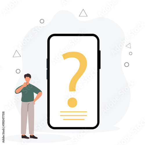 FAQ concept. man with question mark on mobile phone screen. Customer support and online help service. Frequently asked questions. Vector illustration