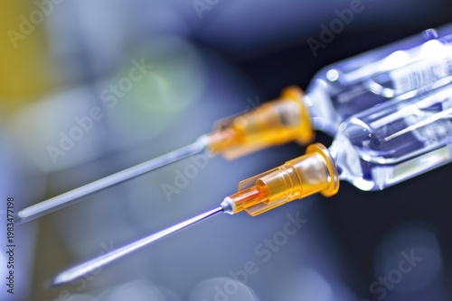 Two medical syringes are injecting liquid medicine from small glass phials in a laboratory setting