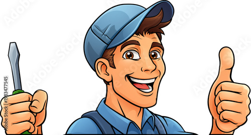 An electrician handyman or other construction cartoon mascot man holding a screwdriver tool.