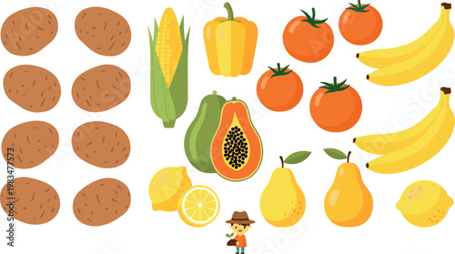 Colorful flat vector set of fruits and vegetables including banana tomato corn potato lemon papaya pear healthy food illustration