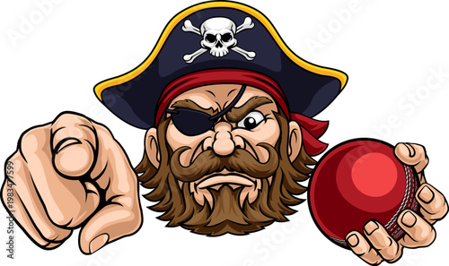 A Pirate man holding Cricket ball and pointing sports team cartoon charcater mascot illustration.