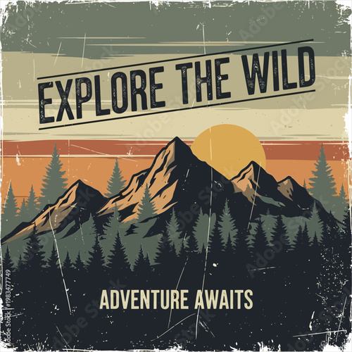 Vintage mountain badge vector illustration featuring rugged peaks and forest silhouettes for outdoor adventure enthusiasts