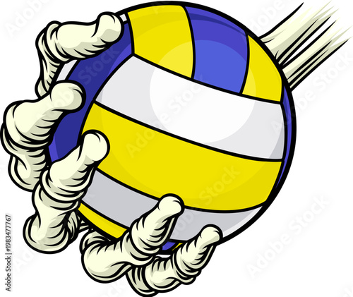 A grim reaper or death skeleton sports team or Halloween event mascot hand holding a volleyball ball