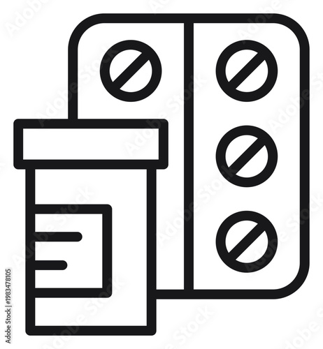 Fotografi Minimalist black vector icon illustration of a medicine bottle and a blister pack of pills, symbolizing pharmacy, healthcare, prescription drugs, medication, and medical treatment on white