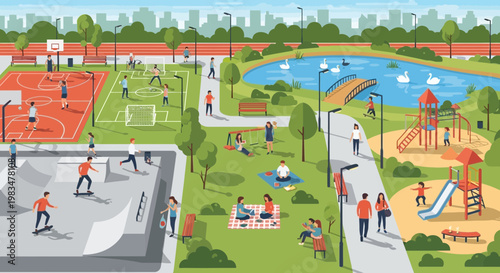 People enjoying a vibrant city park with sports, recreation, and relaxation activities