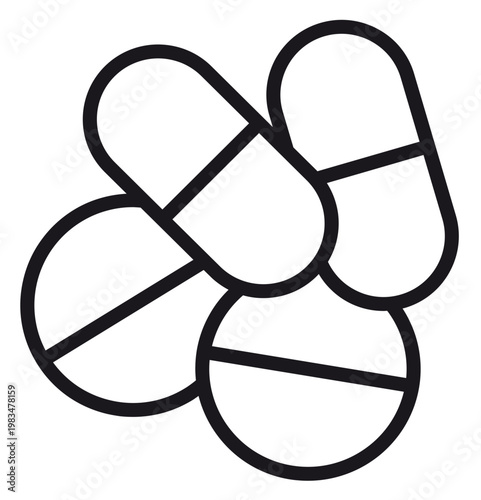 Minimalist black line art vector icon illustration of a pile of medical pills and capsules, representing pharmacy, healthcare, medication, treatment, and pharmaceutical drugs on white background.