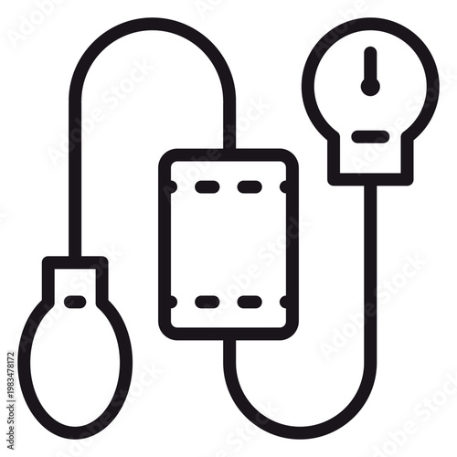 Manual blood pressure monitor sphygmomanometer vector icon illustration. Minimalist black line symbol of medical diagnostic equipment with cuff, pump bulb, and gauge for healthcare designs.