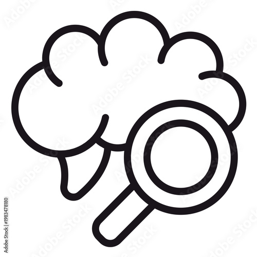 Black line vector icon of a human brain with a magnifying glass, symbolizing mental health research, psychological analysis, cognitive science investigation, and brain study illustration.