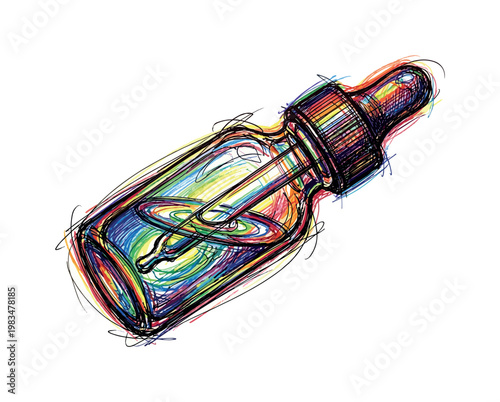 Essential oil dropper bottle with glass body and rubber cap forming wellness accessory with minimal design in expressive vibrant