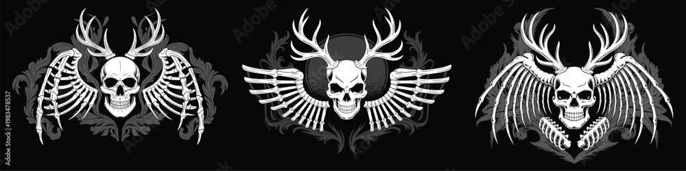 Fototapeta premium PrintDark skull emblem illustration with antlers and wings, gothic decorative flourishes, fantasy artwork, vintage tattoo style, 
