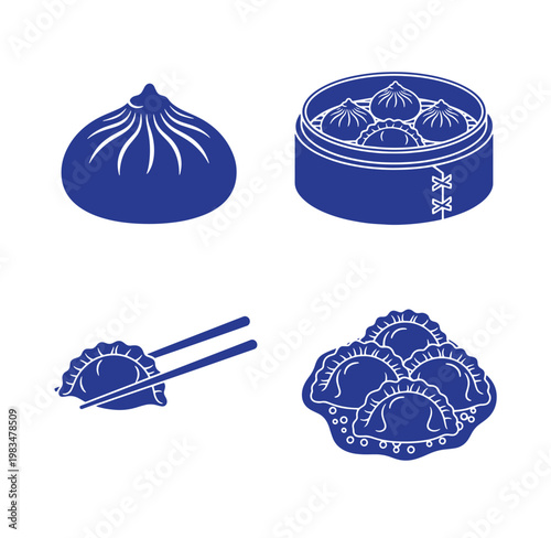 Blue and white illustrations of various dumplings and steamer basket