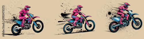 PrintDynamic motocross rider illustrations in pink racing suit on blue dirt bikes, performing wheelie, jump, and acceleration, energetic extreme sports artwork with motion splatter effects