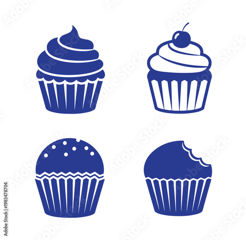 Blue cupcake icons with different toppings and frosting designs