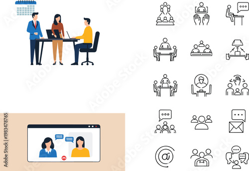 Business team meeting and online video communication with collaboration discussion leadership planning and corporate teamwork concept flat vector illustration