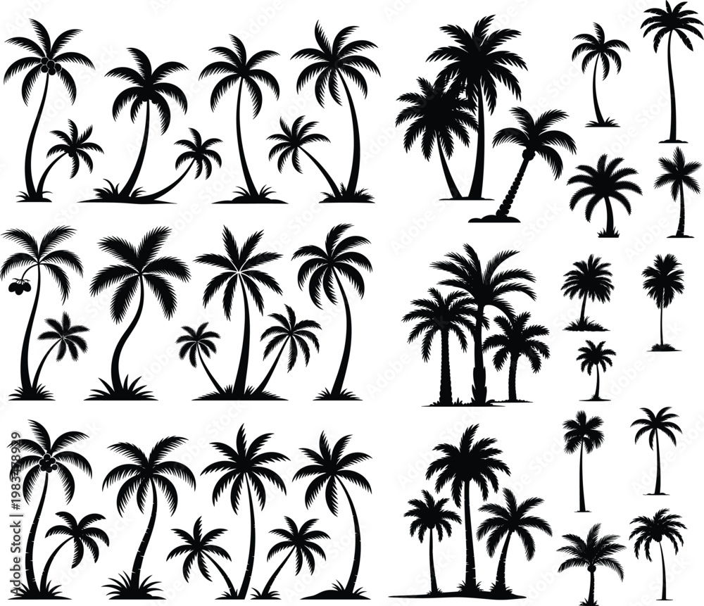 Fototapeta premium PrintStylized palm tree silhouette collection in diverse shapes and sizes, tropical black artwork for coastal themes, decorative design, logos, and summer vacation projects