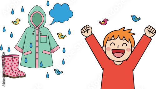 Kids rainy day illustration set isolated on white background, child with raincoat boots and happy boy playing in rain vector design