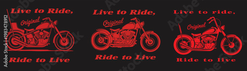 PrintStylized red motorcycle artwork with “Live to Ride, Ride to Live” slogan, bold black background design, classic biker motto illustration for freedom, passion, and authenticity