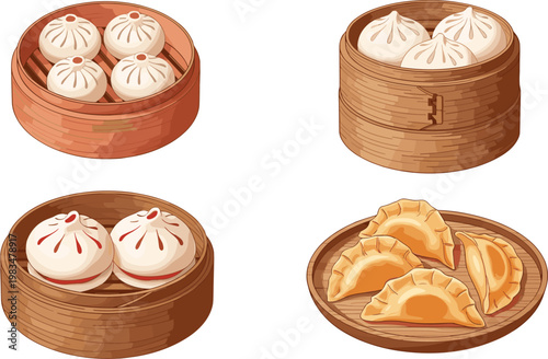 Vector Set of Steamed Dumplings and Bao Buns in Bamboo Baskets, Perfect for Asian Cuisine, Dim Sum, and Food Illustrations