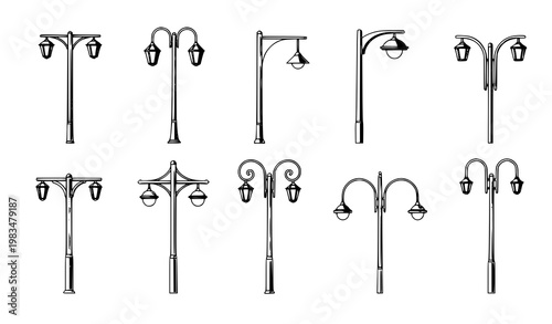 Street lamp post collection vector set of urban lighting poles and classic street lights isolated on white background illustration