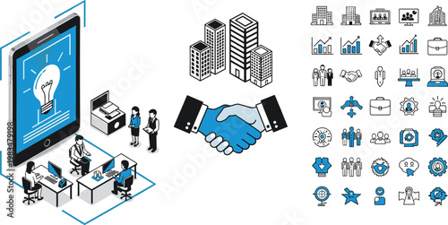 Business partnership handshake with digital innovation, corporate office teamwork, startup collaboration, analytics strategy, and professional management concept flat vector illustration
