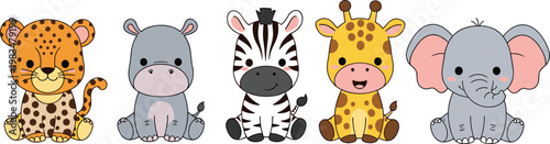 Cute Cartoon Animals Set Including Leopard, Hippo, Zebra, Giraffe, and Elephant in Kawaii Style