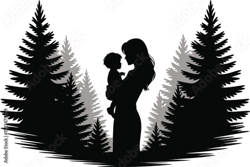Mother holding baby silhouette surrounded by pine trees with silhouette outdoors parenthood maternity togetherness protection lifespan genealogy relative procreation reproduction