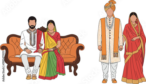 Indian wedding couple set isolated on white background, bride and groom in traditional attire with sofa and standing poses vector illustration