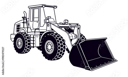 Front Loader Construction Machinery Black and White Vector Illustration