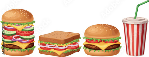 Fast food vector illustration set burgers sandwich and soda drink collection realistic detailed junk food isolated design