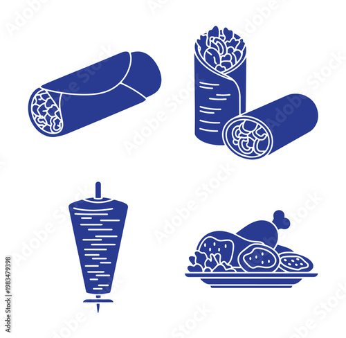 Blue icons of various types of shawarma and meat dishes on white background