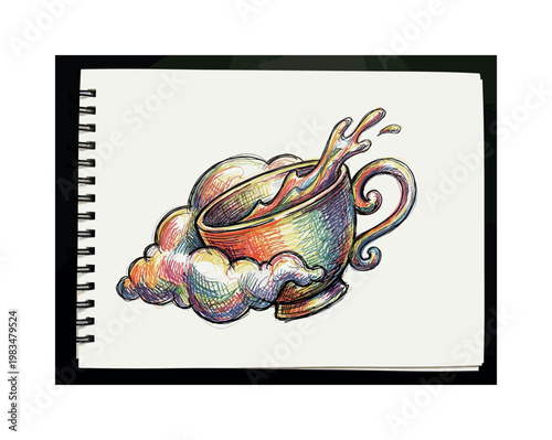 Floating teacup with curved handle and liquid suspended midair forming whimsical reinterpretation of common drinkware in
