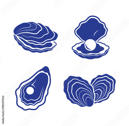 Blue illustrations of oysters and pearl in different views and positions