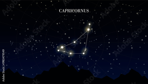 Capricorn or Capricornus zodiac Star constellation on dark background of night sky with stars. Astrology or astronomy vector design element
