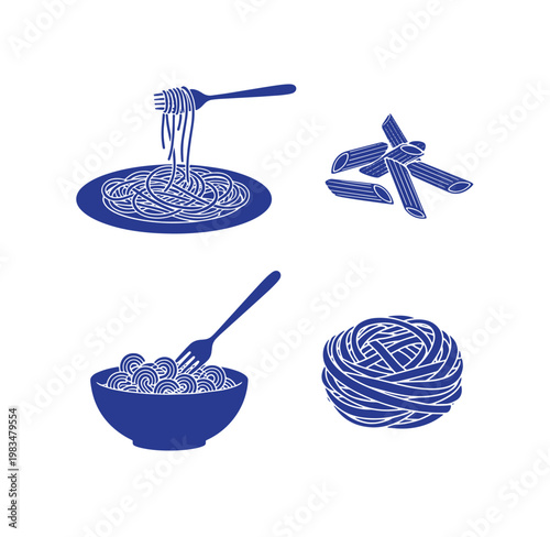 Blue illustrations of pasta and macaroni on white background