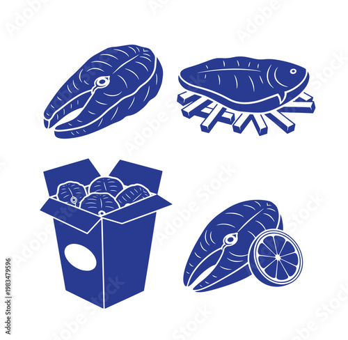Blue illustrations of shrimp on plate and in box with lemon  seafood concept