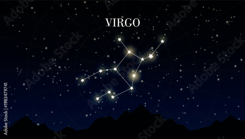 Virgo zodiac Star constellation on dark background of night sky with stars. Astrology or astronomy vector design element