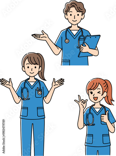 Nurse character vector set healthcare worker in scrubs showing gestures with clipboard cartoon style medical illustration collection