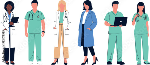 Medical professionals vector set doctors and nurses characters in uniforms healthcare workers collection modern flat illustration