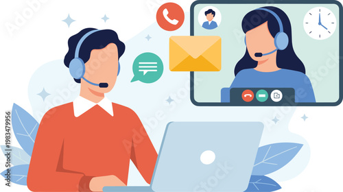 Customer service support center concept with agents wearing headsets having a video call for global technical help and communication,